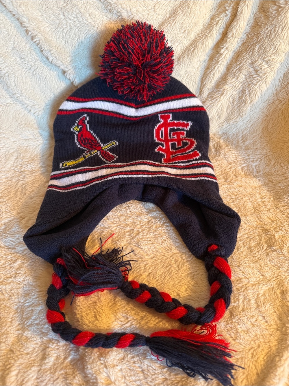 Red & Navy Pom Earflap Hat